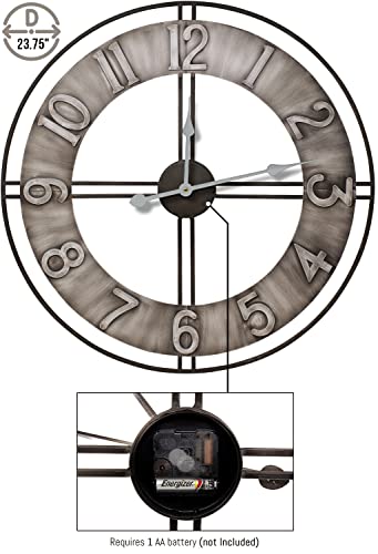 Sorbus Large Wall Clock, 24" Decorative For Kitchen, Bedrooms, Office, Analog Modern Farmhouse Style. Silent, Round Chunky Number, Home Decor, Quartz Battery Operated, Gray Metal #TOP1