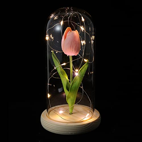 Uonlytech Lâmpada tulipa rosa Forever Tulipa em cúpula de vidro para mulheres, aniversário, Natal, D