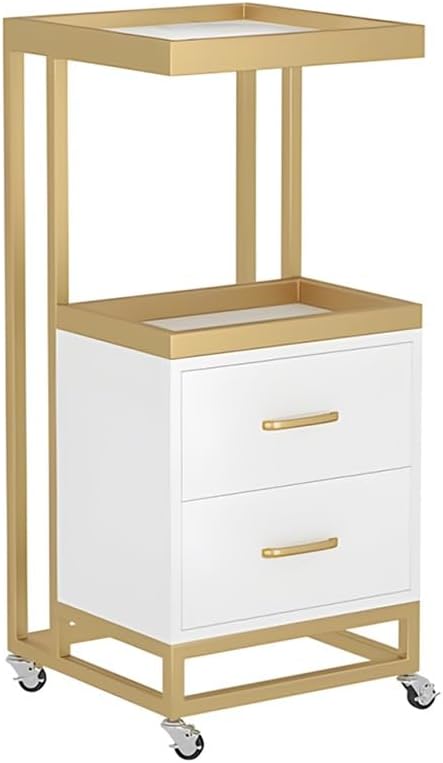 Salon Trolley Rolling Cart, Hair Salon Station Cabinet, Beauty Salon Instrument Trolley, Nail Salon Spa Storage Drawer, with Four Universal Wheels(Gold-White)