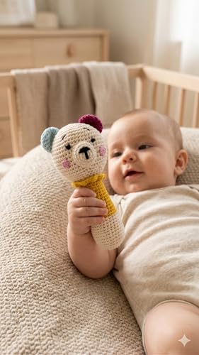 Image of Handmade Crochet Baby Rattle Toy - Soft Amigurumi Bear Teether Rattle for Newborns, Infant Sensory Toy, Baby Shower Gift (Multicolor)