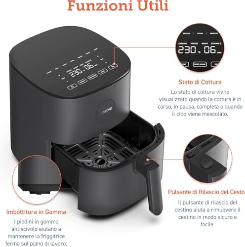 COSORI Friggitrice ad Aria 4,7L, 75-230°C, Air Fryer Silenzioso e Risparmio Energetico, 9 Preimpostazioni, Meno Olio&Senza Fumo, Ricettario Italiano, Lavabile in Lavastoviglie, Grigio, 1500W - 11