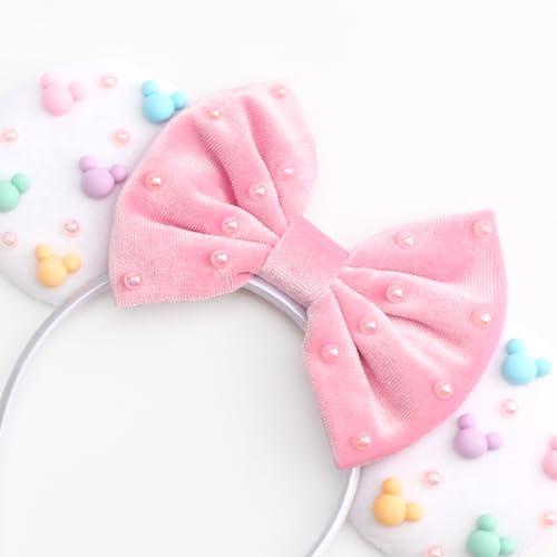 Image of DRESHOW Mouse Ears Headbands for Women Plain White Pearl Mickey Ears Hairbands Bow Head Bands Velvet Head Band Cosplay Costume Princess Party Decorations Disney Trip
