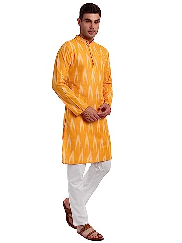 Image of SKAVIJ Men's Pure Cotton Printed Kurta Pajama Set Ikat Design Casual Ethnic Dress (KP118gold Gold L)