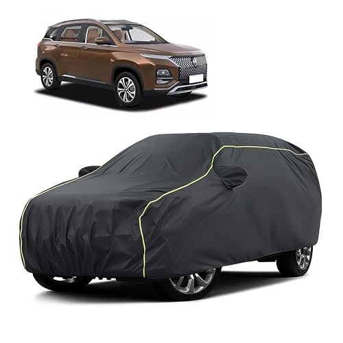 Image of Sulfar 100% Water Resistant Car Body Cover Compatible with Mirror for MG Hector Plus (Triple Stitched, Full Bottom Elastic, Dark Grey Taffeta with Yellow Piping)