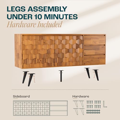 image for Bme Sideboard Georgina Solid Wood 2 Doors & 3 Drawers, 61'' Mid Centur