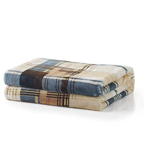 Tache Home Fashion Lightweight Super Soft Warm Fleece Tartan Plaid Throw Bed Blanket, 63x90 Inches Twin Blue/Tan, Model: NO1-66x90