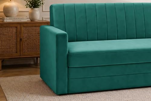 Image of Modern Velvet 3 Seater Sofa Cum Bed with Armrest, Convertible Sleeper Couch Sofa for Living Room, Bedroom & Office - Green Color