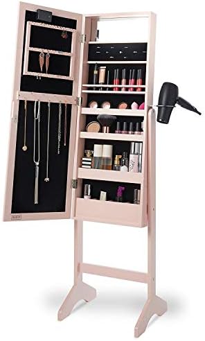 Jewellery Cabinet Full Length Mirrored | Floor Standing | 9 Hooks On The Inside Of Door And 4 Spacious Shelves | 18 Battery Powered LED Bulbs Painted MDF With Black Velvet Lining-PINK