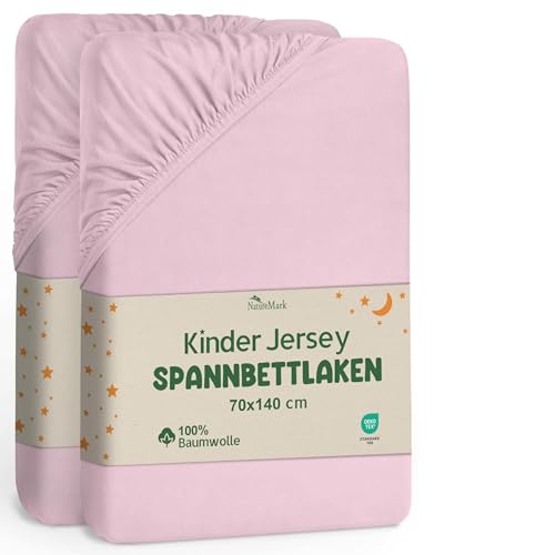 NatureMark 2er Set Kinder Spannbettlaken Jersey, Spannbetttuch 100% Baumwolle, für Babybett und Kinderbett | 70x140 cm - Rosa