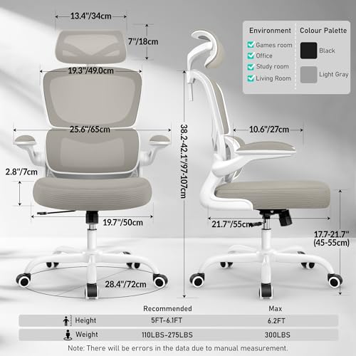 Image of BESTFAIR High Back Ergonomic Office Chair, Breathable Mesh Desk Chair with Lumbar Support, Adjustable Headrest, Flip-up Armrests, Computer Gaming Chair, (LightGray)