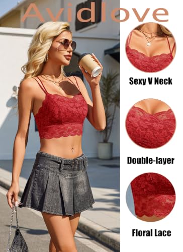 Image of Avidlove Bralettes for Women Lace Camisole V Neck Double-Layered Adjustable Strap Tank Cami Crop Top