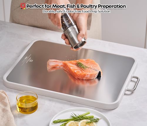 Tabla de Cortar Reversible Wagensteiger de Acero Inoxidable SUS316 con Ranura para Jugos, Borde Antideslizante, Guía de Medición y Mango – Libre de BPA, No Poroso (42 x 29 cm) miniatura 5