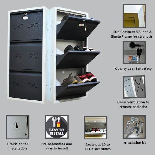 Image of I Metal Shoe Rack I Slim and Wall Mounted I 3 Shelves (Grey Colour) I Coad LC 2S-03 GR I Height 43 Inches, Width 20 Inches, Depth 5.5 InchesI 3 Years Warranty.