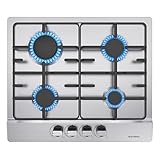 WEHIMO Gaskochfeld 4 Flammig, Edelstahl Einbau-Gaskochfeld, 59cm, 7200W, 4 Kochzonen (2700W+1750W+1750W+1000W), Domino Gaskochfeld für Propangas und Erdgas, Geeignet für Alle Töpfe