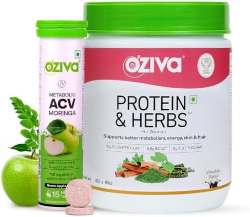Oziva Protein & Herbs For Women (Chocolate) To Reduce Body Fat, Manage Weight 1Lbs And Acv Moringa For Weight Loss | 3-In-1 Fat Oxidation Formula, 15 Effervescent Tablets (Green Apple)