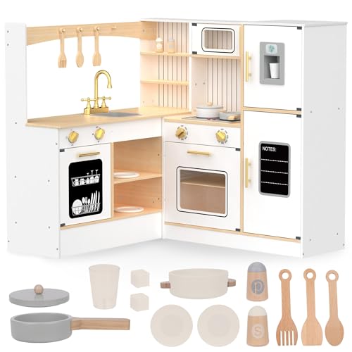 mamabrum Cocinita de Madera Infantil con 12 Accesorios – Cocina de Juguete con Luces y Sonidos Reales, Microondas Interactivo, Horno, Lavavajillas, Fregadero y Nevera