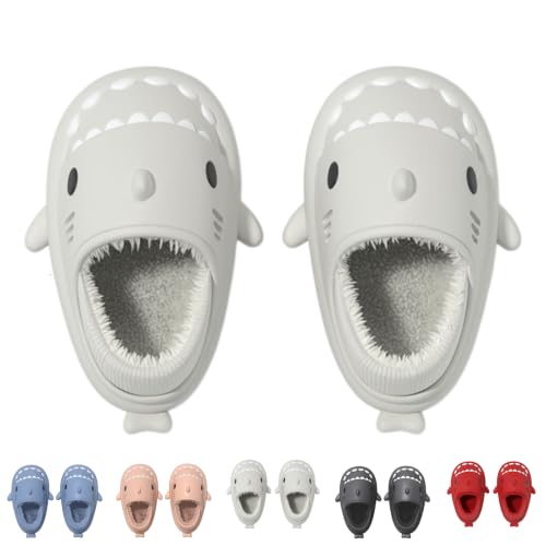 Image of Shark Slides Winter, Shark Slides for Women Men, Cloud Shark Slides (Grayish-white A, US, Adult, Women, 8.5, Numeric Range, US Footwear Size System, 9, Medium)