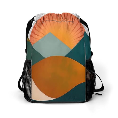 Boho Mountain Sun Drawstring Backpack Drawstring Bags Drawstring Sport Bag Sports Gym Bag with Pockets for Women Men