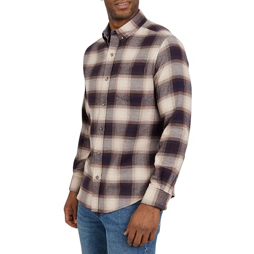 Chaps Men's Classic Fit Long Sleeve Button Down Stretch Flannel Casual Woven Shirt, Desert Khaki, Large