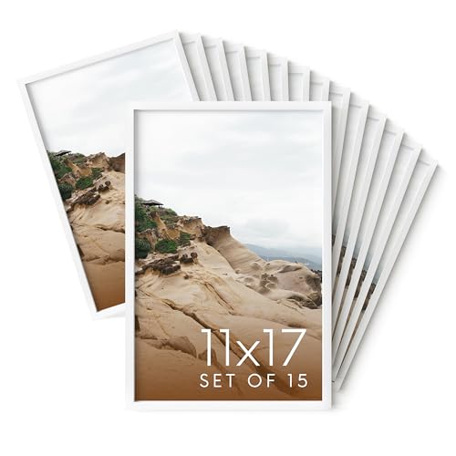 HAUS AND HUES 11x17 White Metal Picture Frames - Features Premium Aluminum, Vertical & Horizontal Hang, Shatterproof Plexiglass - Perfect for Home, Room, Office (11x17 in, White, Set of 15)