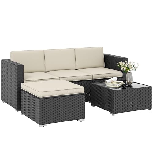 Outsunny 3 Piece Rattan Garden Furniture Set, Garden Corner Sofa, All-Weather Handwoven PE Wicker Sectional Sofa Set with Tempered Coffee Table, Ottoman, Washable Cushions, Black