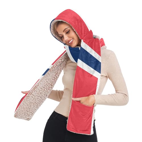 GuoChe Pashmina Like Scarf for Women Fashionable Soft National Flag Of Norway Hooded With Pockets Hat Gloves set bufandas de mujer