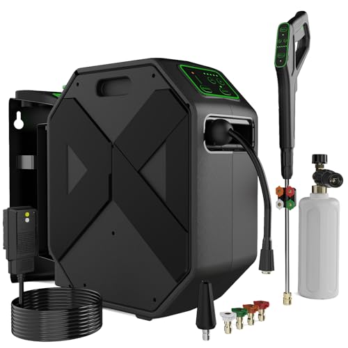 DECOKTOOL Wall Mounted Pressure Washer - 3500 PSI, 2.5 GPM Electric Power Washer with 100FT Retractable Hose, 5-Stage Adjustable Pressure, Foam Cannon and 5 Nozzles for Car, Driveway, Patio Cleaning