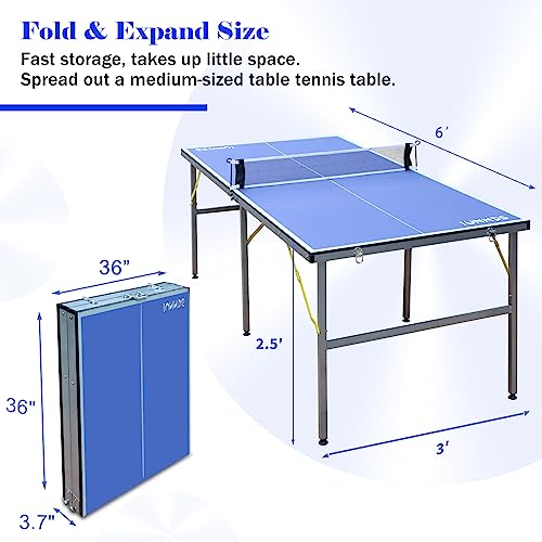 Iunnds 6X3Ft Mid-Size Table Tennis Tables - Indoor/Outdoor Portable Ping Pong Table Game For Adults/Teens,With Net,2 Table Tennis Paddles And 3 Balls #TOP1