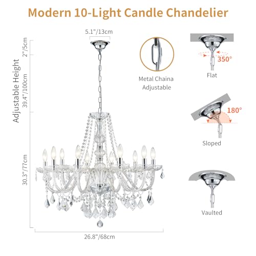 Large Crystal Chandelier, Modern Chrome Crystal Chandeliers for Dining Room Light Fixture, 10-Lights Large Pendant Light Fixtures Luxury Chandelier for Living Room Bedroom Foyer Entryway D26.8'' by ANJIADENGSHI - Used condition - Image 4