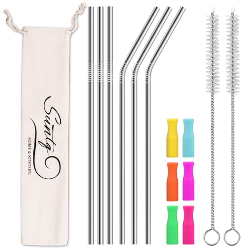 SUNTQ Pajitas de acero inoxidable para vaso Stanley, pajitas de repuesto para accesorios Stanley, pajitas de metal reutilizables con puntas de silicona y cepillo de limpieza (6 x 305, plata)