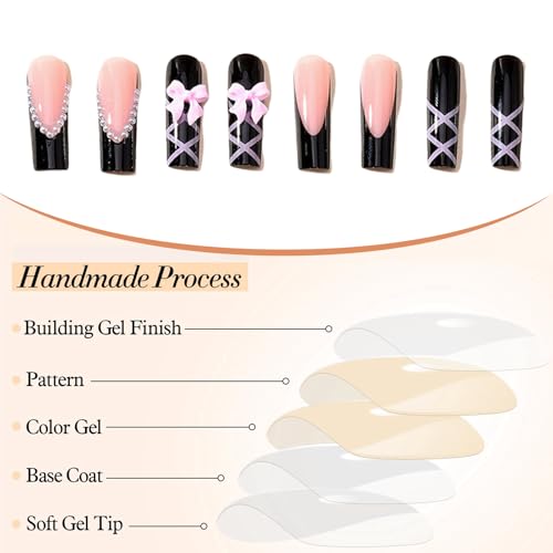 GlamRays Press on Nails Coffin Long Black Glossy Full Cover Acrylic Square French False Nails with Pink Bow Design Artificial Ballet False Nails - Image 4