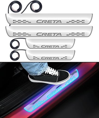 Image of Fabtec Car Door Foot Step LED Sill Plate with Mirror Finish LED Sill Plate Welcome Light Compatible with Hyun Dai Creta Set of 4PCS, Blue (6 Month Warranty)