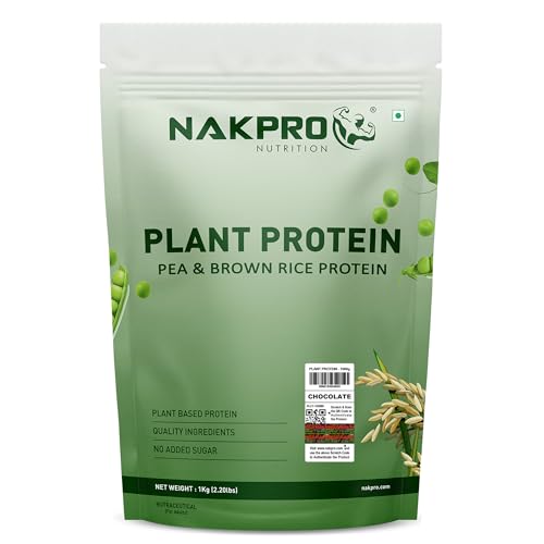 Image of NAKPRO NUTRITION Plant Protein Powder (Pea & Brown Rice Protein), Chocolate - 1kg | 25.2g Protein | All Essential Amino Acids