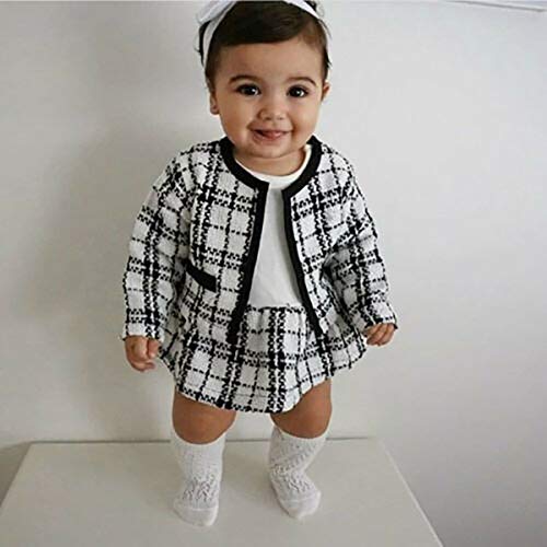 2Pcs Toddler Baby Girls Kid Long Sleeve Plaid Cardigan Coat Outwear +Plaid Dress Tutu Skirt Princess Party Formal Outfits (6-12 Months,Gray And White Plaid Coat + Tutu Dress) #TOP7