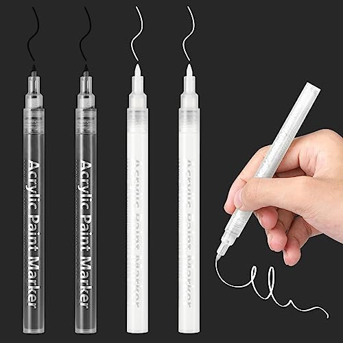 DONQL Juego 4 rotuladores acrílico artistro，rotulador permanente de 0,7 mm, metalizados, acrílicos permanentes, cristal purpurina colores para tela vidrio roca madera cerámica cuero (Blanco+negro)