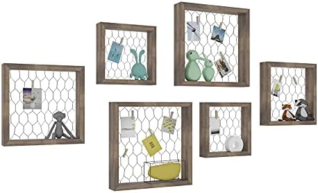 WOLTU Set of 6 Photo Frame Square Picture Frame, Multifunctional Wooden Display Wall Shelf with Wire Mesh and 12 Wooden Pegs, Home Decor Deep Frame Cube Shelf Vintage Oak BR9931hov-2