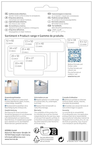 HERMA Removable Labels, 15 Labels per Sheet, 24 Sheets, 20 x 50 mm, 360 Labels, Self Adhesive Small Labels Stickers, Blank Sticky Multi Purpose Labels for Office Kitchen Home, White