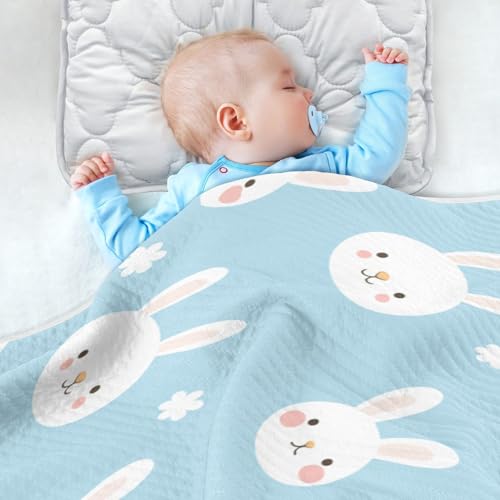 Custom Cute Bunnies Blue Muslin Blankets Cozy customised Bunny Monogrammed Blankets for Nursery Stroller Crib 30x40in necesarias para Bebes4