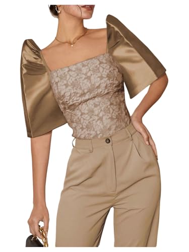 Floerns Women's Satin Puff Sleeve Blouses Tops Square...