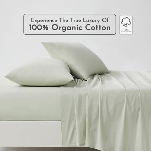 Image of Linen Closet 100% Organic Cotton Queen Sheets Set, 4 Pieces, Light Green - Percale Bed Sheets & Pillowcases Set - Up To 16 inch Deep Pocket Fitted Sheet - Cooling, Crisp & Breathable - For Hot Sleepers