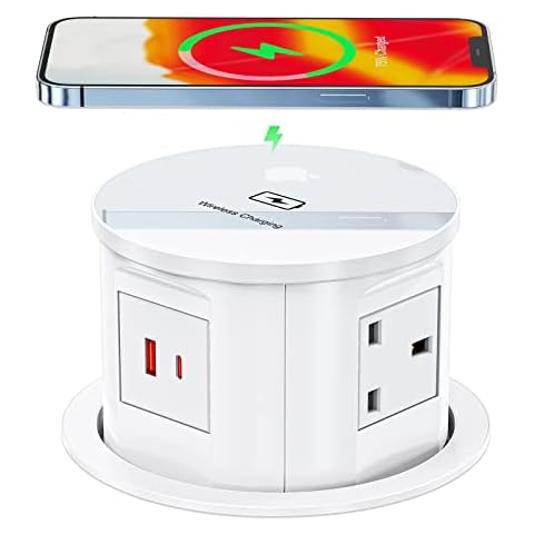 Automatic Pop Up Sockets with 15W Wireless Charging for Kitchen Worktops, Hidden Socket Tower Desk Power Socket With USB C, 4 Way Outlets, 2 USB Ports (15.5W/3.1A), 4.7''/120MM Hole, 13A/3250W Cover