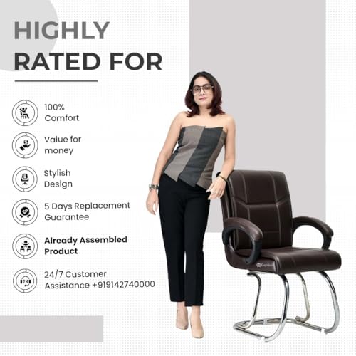 Image of Special Director Principal Office Visitor Study with arm Rest and Cushioned seat Back, Chair Without Wheels, Holds Upto 125 kg Chair (1, Coffee, Double Pipe Chrome Frame)