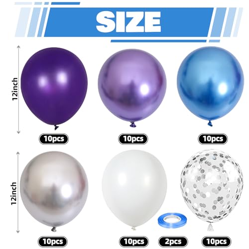 Image of Metallic Purple and Blue Balloons, 60 Packs 12 Inch Chrome Blue Purple Silver Balloon with Ribbons for Space Birthday Party Decorations