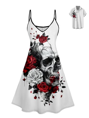 DRESSFO Matchable Couples' Outfit Rose Skull Print Men's Shirt Or Women's Spaghetti Strap Dress