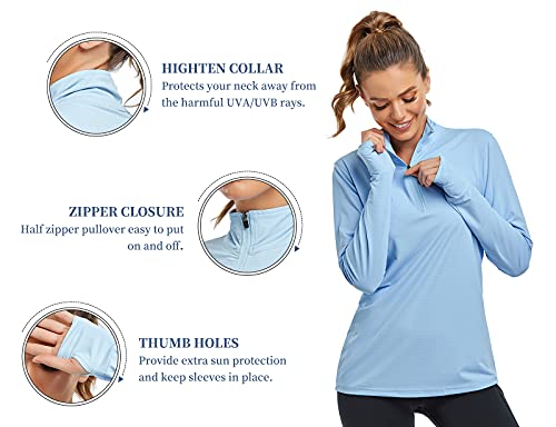 Tanst Sky Yoga Tops For Women, Upf 50+ Uv Protection Long Sleeve Sun Shirt Plain Casual V Neck Zipper Sport Activewear Fitness Stretchy Comfy Performance Moisture Wicking Fall Hiking Clothes Blue 1Xl #TOP3