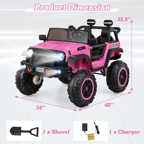 OLAKIDS 24V Ride On Car, 2WD/4WD Switchable 2 Seater Kids' Electric Vehicle Jeep Truck with 20" Wide Seat, 4X550W Power Wheels, Remote Control, Soft Brake, LED Light, Music (Pink)