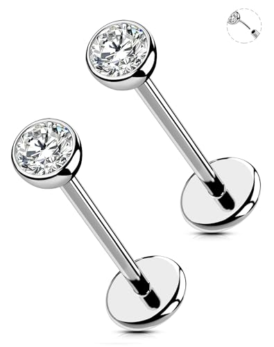 OUFER 20G Silver Titanium Labret Stud for Nose, Lip, Helix, Tragus, Lobe – Threadless Flat Back Piercing Jewelry with 3 mm CZ – G23 Implant‑Grade, 12 mm Long Post, Extended Fit Stud