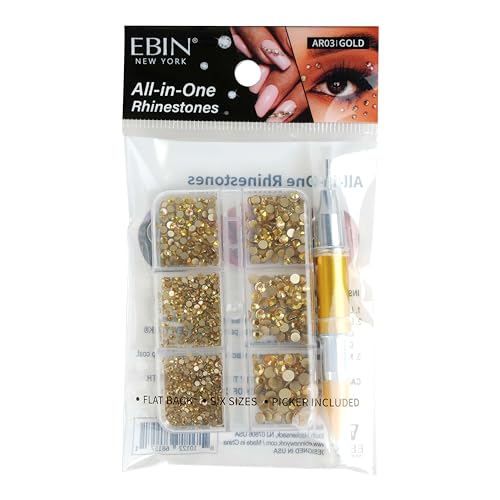 EBIN NEW YORK All-in-One Rhinestones Gold Kits Flatback Feature Nail Stone Gems Design Kit Light-Reflecting Shine DIY Decoration with Mixed 6 Sizes Picker Included for Easy Applications