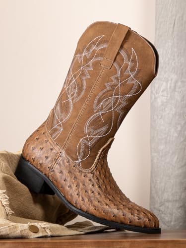 Image of Western cowboy boots, ostrich leather, embroidered design, brown, mid-calf, men's antique ostrich embossed exotic western boots round head.