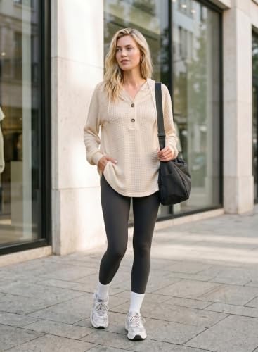 Image of Dokotoo Hoodies for Women Waffle Knit Button V Neck Casual Sweatshirt Tops
